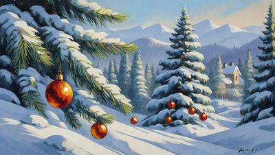 Primary subject: Christmas tree with ornaments
Setting/background: Snowy mountain landscape
Visual style: Digital art
Colors and mood: Cold, snowy, and festive